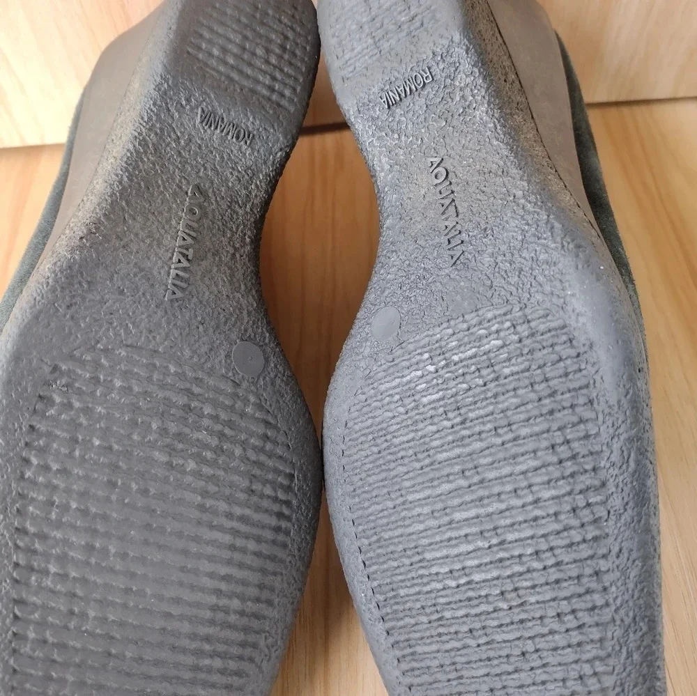 Aquatalia Shoes 8.5 By Marvin K Wedge Black Suede Slip On Heel Whipstitch Accent